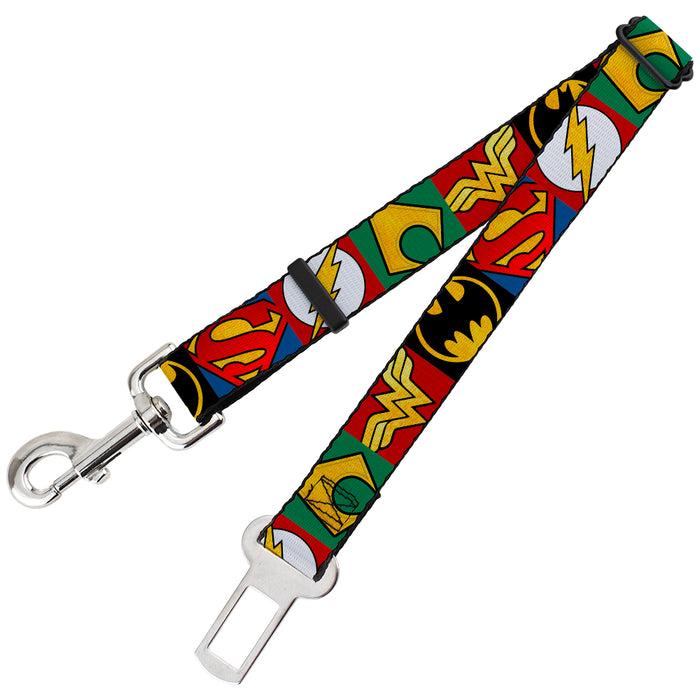 Dog Safety Seatbelt for Cars - Justice League 5-Superhero Textured Logo CLOSE-UP Blocks