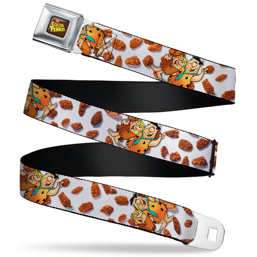 POST COCOA PEBBLES Logo Full Color Brown/Yellows Seatbelt Belt - Cocoa Pebbles Fred Flintstone and Barney Rubble Hugging Pose and Cereal Pebbles Scattered White/Browns Webbing Seatbelt Belts The Flintstones   