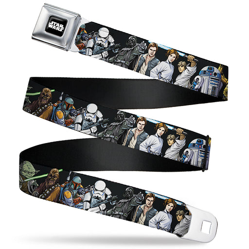 STAR WARS Logo Full Color Black/White Seatbelt Belt - Star Wars Classic Character Poses Black Webbing Seatbelt Belts Star Wars   