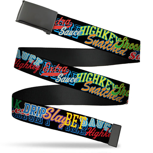 Web Belt Blank Black Buckle - Slang Verbiage Stacked Black/Multi Color Webbing Web Belts Buckle-Down   