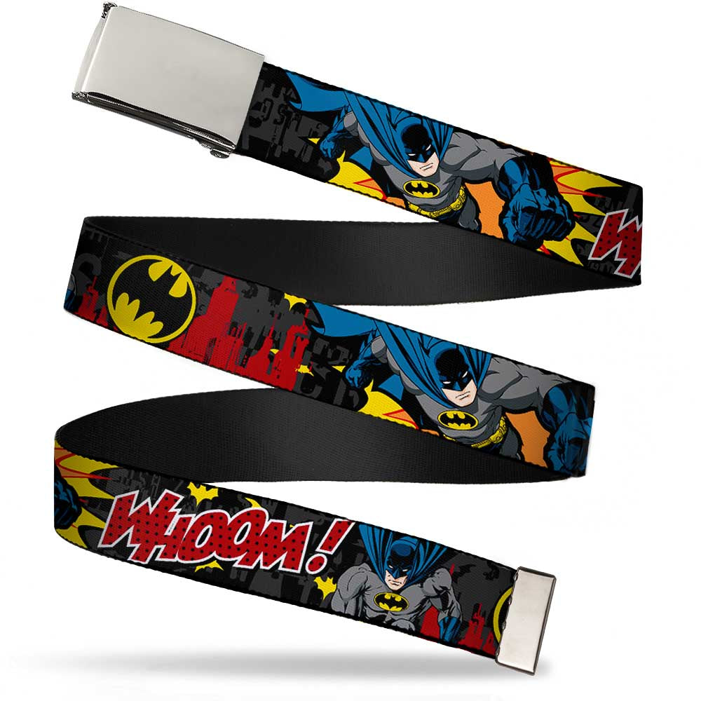 Buckle-Down Batman Web Belt - Action 'Whoom!' Design With Bottle Opener, 1.5 Inch Wide, Fits Up To 42