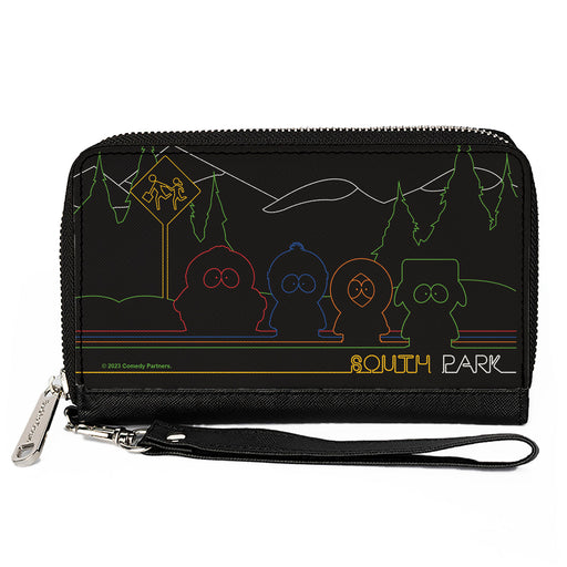PU Zip Around Wallet Rectangle - SOUTH PARK Boys at Bus Line Silhouette Black/Multi Color Clutch Zip Around Wallets Comedy Central   