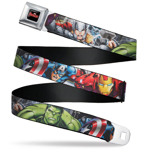 MARVEL AVENGERS Logo Full Color Black/Red/White Seatbelt Belt - Marvel Avengers 4-Superhero Poses CLOSE-UP Webbing Seatbelt Belts Marvel Comics   
