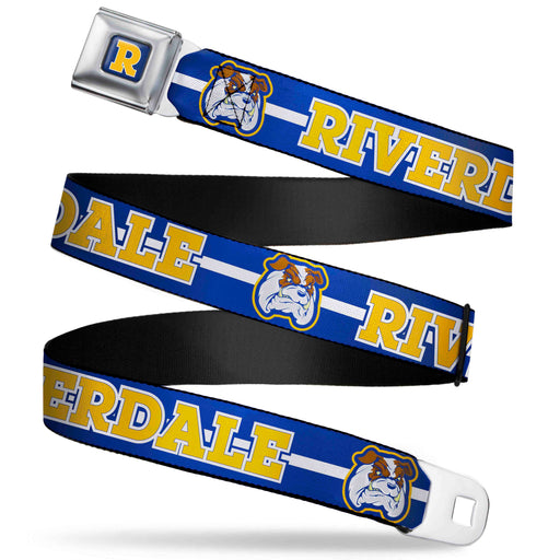 RIVERDALE "R" Logo Full Color Blue White Yellow Seatbelt Belt - RIVERDALE/Bulldog Mascot Stripe Blue/White/Yellow Webbing Seatbelt Belts Riverdale   