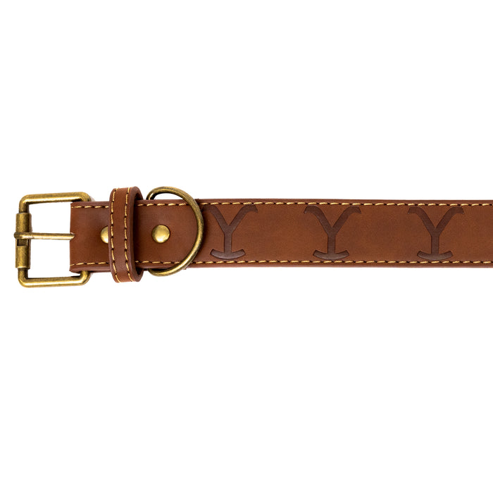 Vegan Leather Dog Collar - Yellowstone Dutton Ranch Logo Debossed Brown PU Leather Imported PU Collars Yellowstone Show   