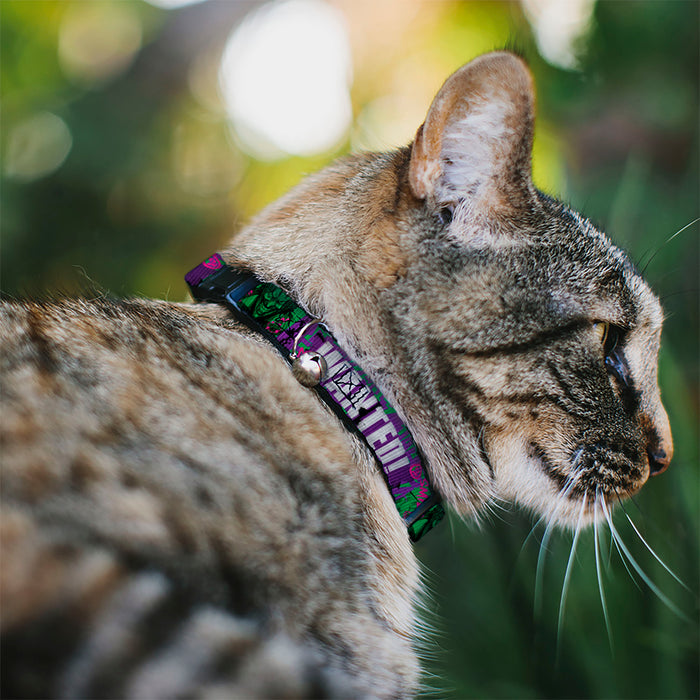 Breakaway Cat Collar with Bell - THE JOKER WANTED Smiling Pose and Graffiti Purples/Greens Breakaway Cat Collars DC Comics   