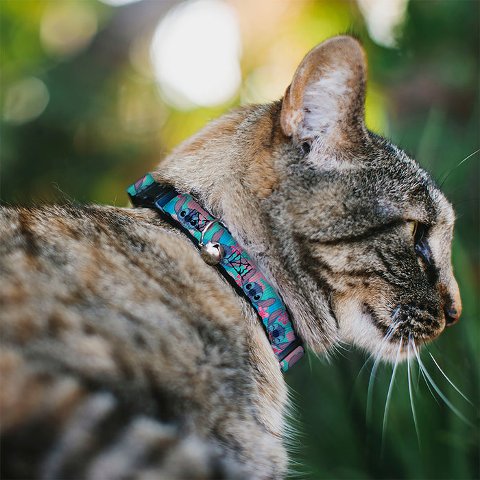 Breakaway Cat Collar with Bell - Lilo & Stitch Stitch Expressions and Tropical Flowers Blues/Pinks Breakaway Cat Collars Disney   