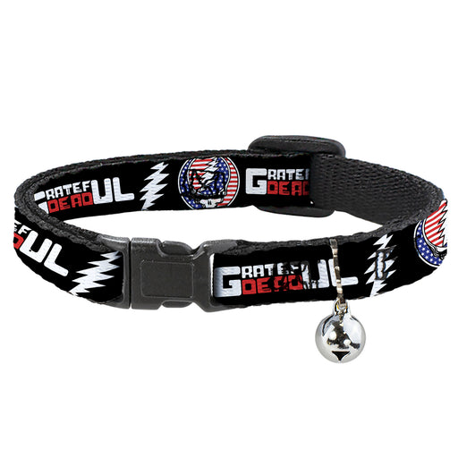 Breakaway Cat Collar with Bell - GRATEFUL DEAD Text with Steal Your Face Stars and Stripes Logo Black/White/Red/Blue Breakaway Cat Collars Grateful Dead   