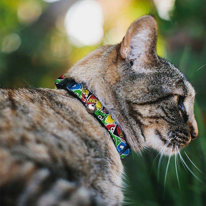 Breakaway Cat Collar with Bell - UNO Cards Stacked Collage Multi Color Breakaway Cat Collars Mattel   