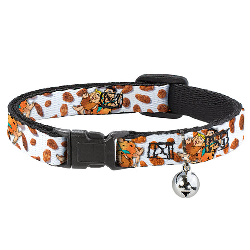 Breakaway Cat Collar with Bell - Cocoa Pebbles Fred Flintstone and Barney Rubble Hugging Pose and Cereal Pebbles Scattered White/Browns Breakaway Cat Collars The Flintstones   