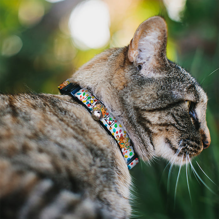 Breakaway Cat Collar with Bell - Fruity Pebbles Fred Flintstone and Barney Rubble Hugging Pose and Cereal Pebbles Scattered White/Multi Color Breakaway Cat Collars The Flintstones   