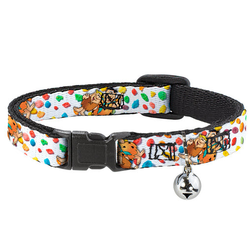 Breakaway Cat Collar with Bell - Fruity Pebbles Fred Flintstone and Barney Rubble Hugging Pose and Cereal Pebbles Scattered White/Multi Color Breakaway Cat Collars The Flintstones   