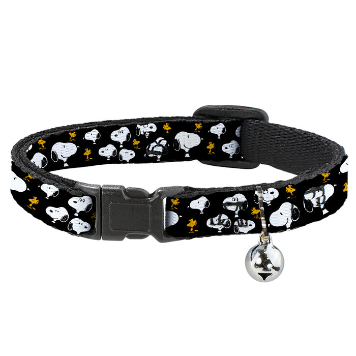 Breakaway Cat Collar with Bell - Peanuts Snoopy and Woodstock Poses Scattered Black Breakaway Cat Collars Peanuts Worldwide LLC   