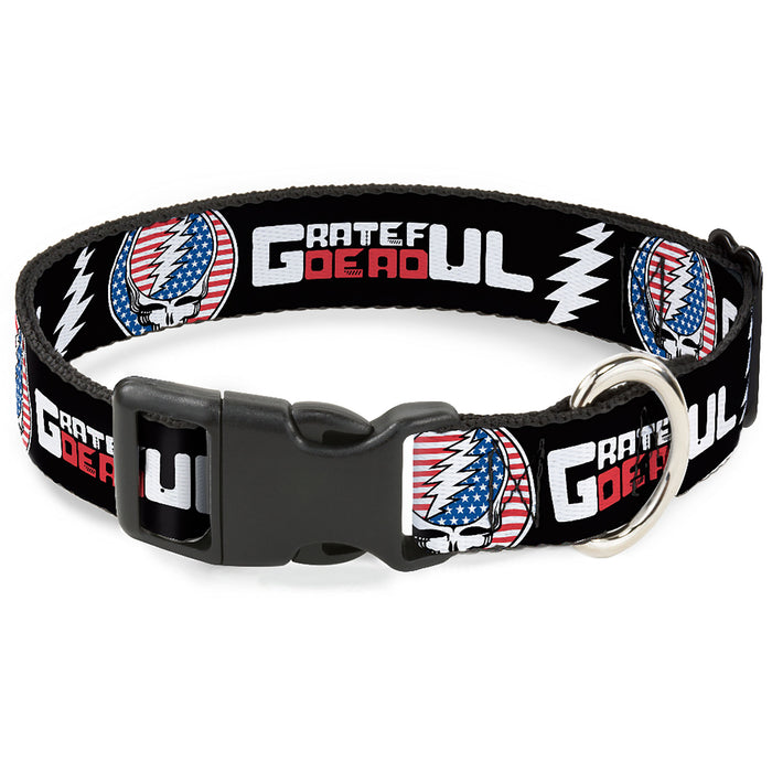 Plastic Clip Collar - GRATEFUL DEAD Text with Steal Your Face Stars and Stripes Logo Black/White/Red/Blue Plastic Clip Collars Grateful Dead   