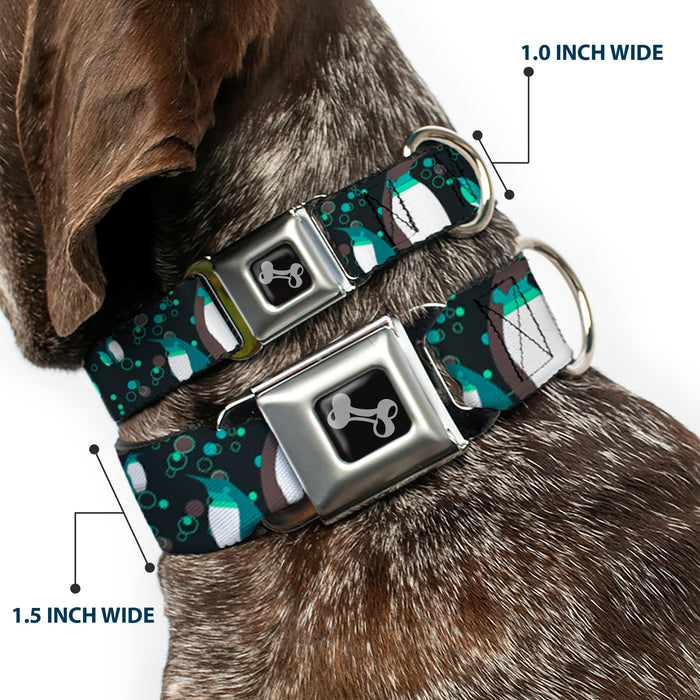 Dog Bone Seatbelt Buckle Collar - Emperor Penguins w/Bubbles Black/Gray/Turqs Seatbelt Buckle Collars Buckle-Down