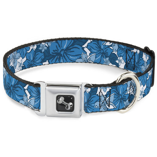 Dog Bone Seatbelt Buckle Collar - Hibiscus Collage White/Blues Seatbelt Buckle Collars Buckle-Down