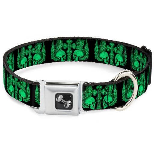 Dog Bone Seatbelt Buckle Collar - BD Skulls w/Wings Black/Green Seatbelt Buckle Collars Buckle-Down