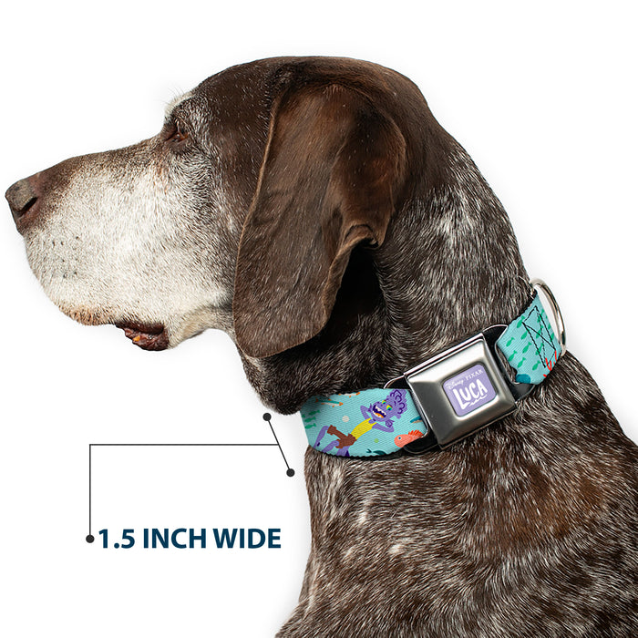 LUCA Logo Full Color Lavender/White Seatbelt Buckle Collar - Luca Isola del Mar Alberto Sea Monster School of Fish Collage Seatbelt Buckle Collars Disney 1.5" WIDE SMALL