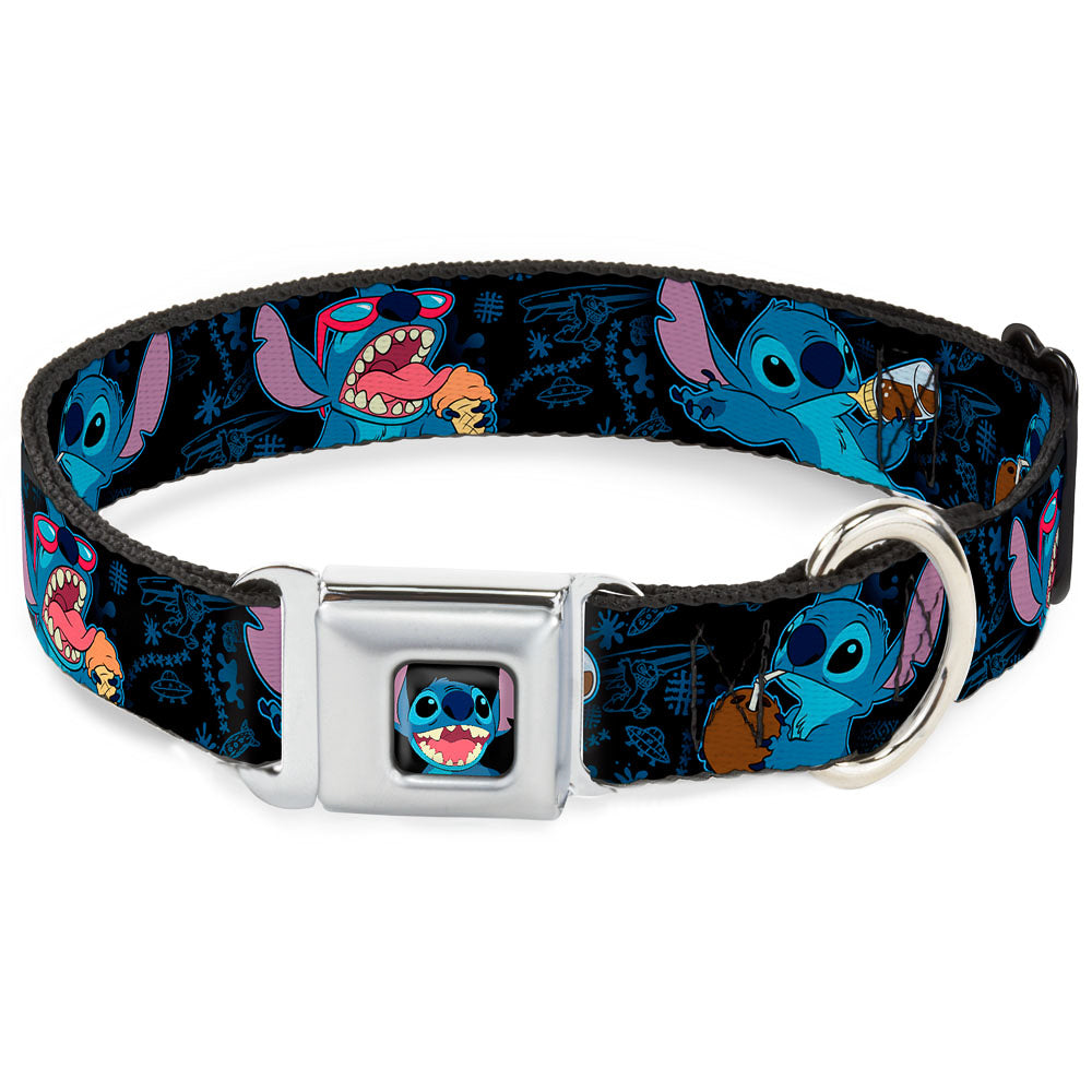 Stitch Smiling CLOSE-UP Full Color Black Seatbelt Buckle Collar - Stitch Snacking Poses Black/Blue Seatbelt Buckle Collars Disney