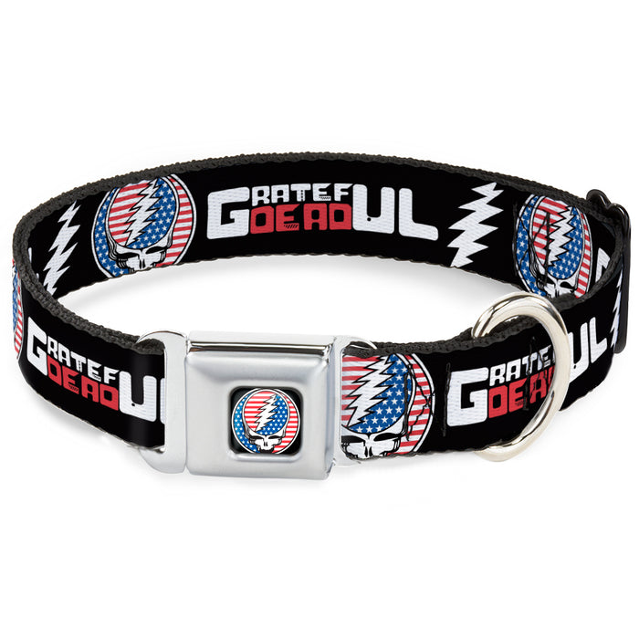 Grateful Dead Steal Your Face Stars and Stripes Logo Full Color Black/White/Red/Blue Seatbelt Buckle Collar - GRATEFUL DEAD Text with Steal Your Face Stars and Stripes Logo Black/White/Red/Blue Seatbelt Buckle Collars Grateful Dead   