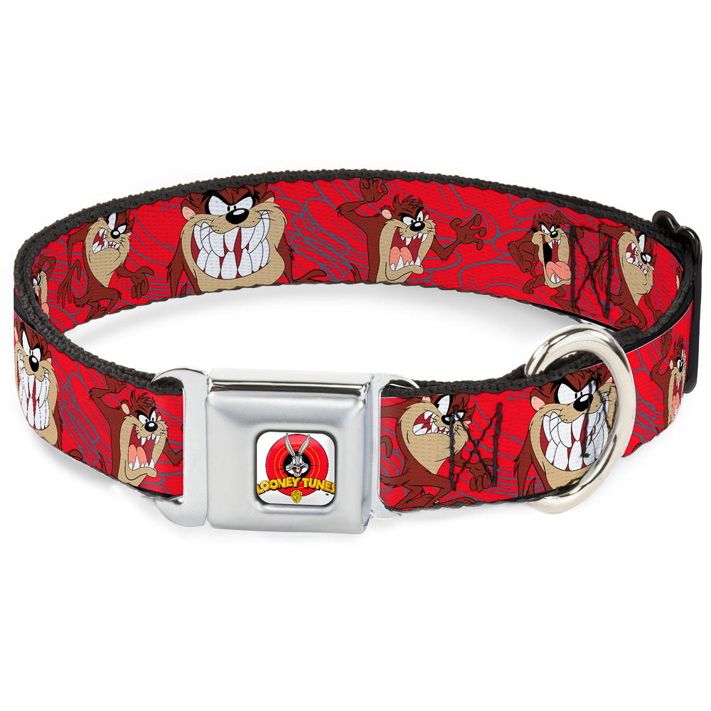 Looney Tunes Logo Full Color White Seatbelt Buckle Collar - Tasmanian Devil Expressions Red Swirl Seatbelt Buckle Collars Looney Tunes