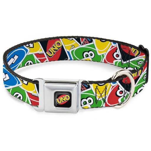 UNO Game Logo Full Color Black/Red/Yellow Seatbelt Buckle Collar - UNO Cards Stacked Collage Multi Color Seatbelt Buckle Collars Mattel   