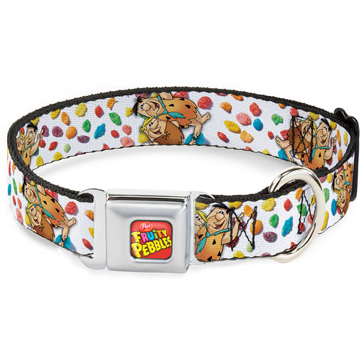 POST FRUITY PEBBLES Logo Full Color Red/Multi Color Seatbelt Buckle Collar - Fruity Pebbles Fred Flintstone and Barney Rubble Hugging Pose and Cereal Pebbles Scattered White/Multi Color Seatbelt Buckle Collars The Flintstones   