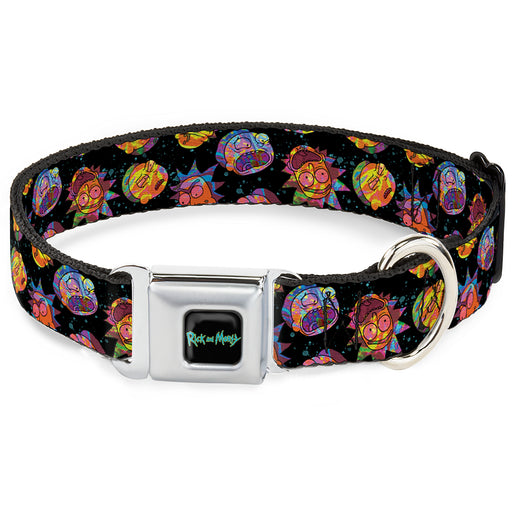 RICK AND MORTY Text Logo Full Color Black/Blue Seatbelt Buckle Collar - Rick and Morty Vaporwave Expressions Scattered Black/Multi Color Seatbelt Buckle Collars Rick and Morty   