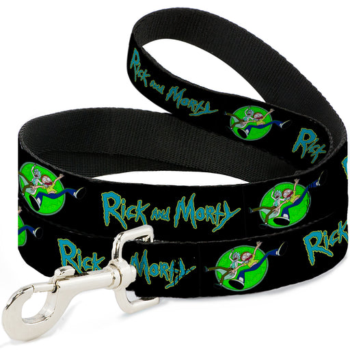 Dog Leash - RICK AND MORTY Title Logo and Portal Pose Black Dog Leashes Rick and Morty   