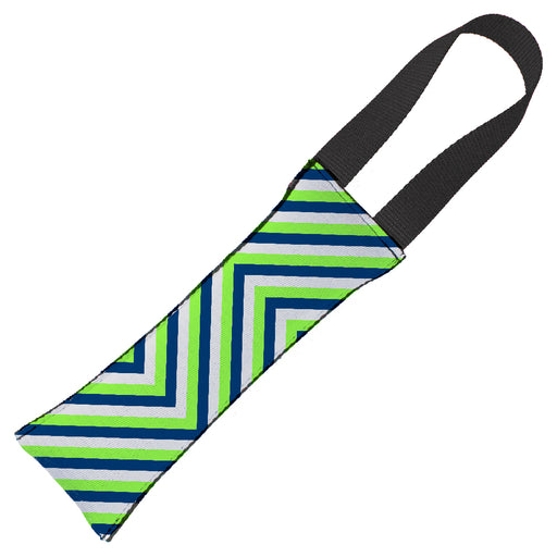 Dog Toy Squeaky Tug Toy - Chevron  Stripe White/Neon Green/Navy - NAVY Handle Webbing Dog Toy Squeaky Tug Toy Buckle-Down   