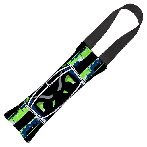 Dog Toy Squeaky Tug Toy - Football Helmet CLOSE-UP/Scribble Stripe Black/Neon Green/Blue/White - NAVY Handle Webbing Dog Toy Squeaky Tug Toy Buckle-Down   