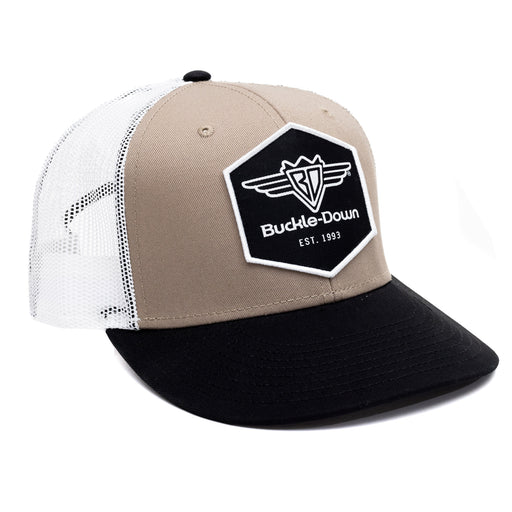 Snapback Trucker Hat - Buckle-Down Wings and Text 1993 Logo Black/White Patch on Tan Panel with White Mesh Hats Buckle-Down, Inc.   