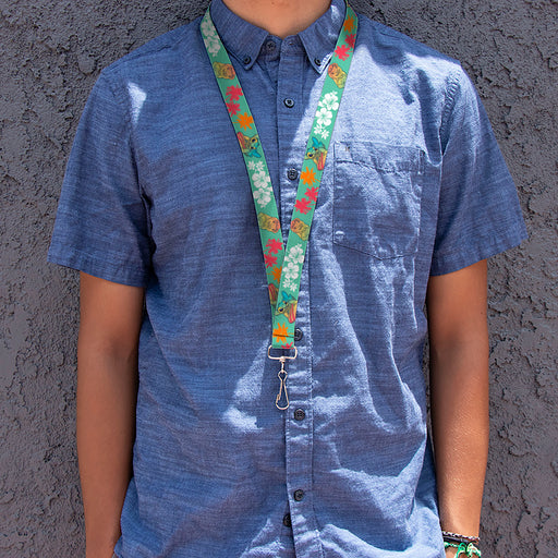 Lanyard - 1.0" - Lilo and Stitch Smiling Pose with Hibiscus and Palm Trees Light Green Lanyards Disney