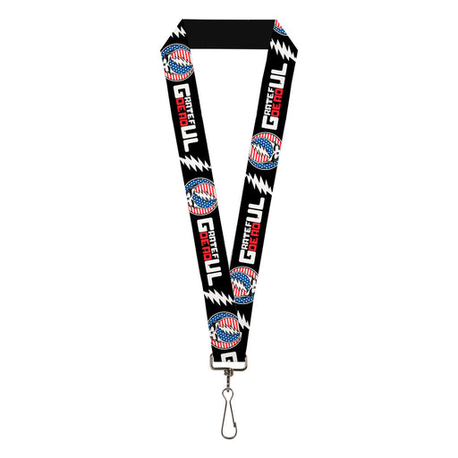 Lanyard - 1.0" - GRATEFUL DEAD Text with Steal Your Face Stars and Stripes Logo Black/White/Red/Blue Lanyards Grateful Dead   