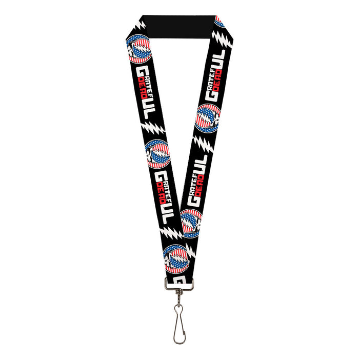 Lanyard - 1.0" - GRATEFUL DEAD Text with Steal Your Face Stars and Stripes Logo Black/White/Red/Blue Lanyards Grateful Dead   