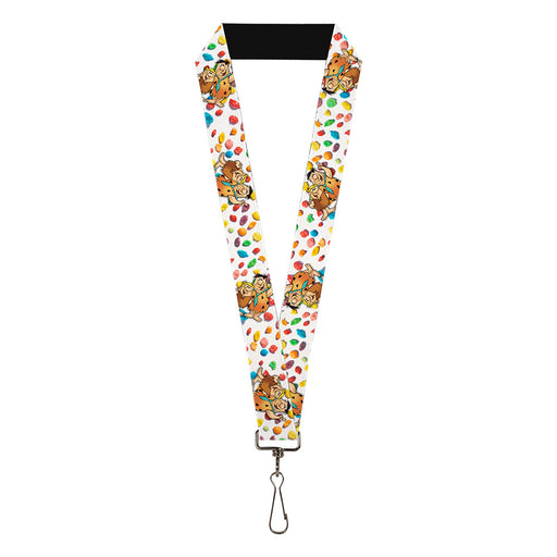 Lanyard - 1.0" - Fruity Pebbles Fred Flintstone and Barney Rubble Hugging Pose and Cereal Pebbles Scattered White/Multi Color Lanyards The Flintstones   