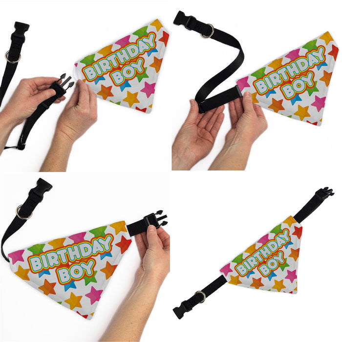 Pet Bandana - BIRTHDAY BOY Text and Stars White/Multi Color Pet Bandanas Buckle-Down, Inc.   