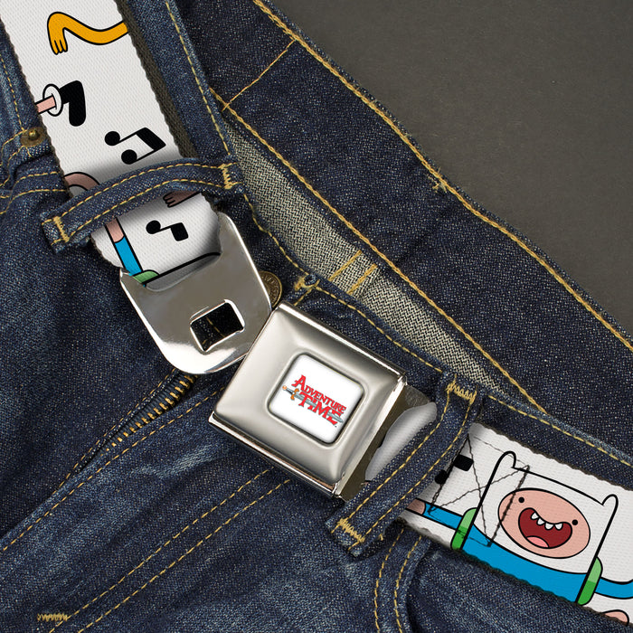 ADVENTURE TIME Title Logo Full Color White Seatbelt Belt - Adventure Time Finn and Jake Dancing Poses and Music Notes White Webbing Seatbelt Belts Cartoon Network   