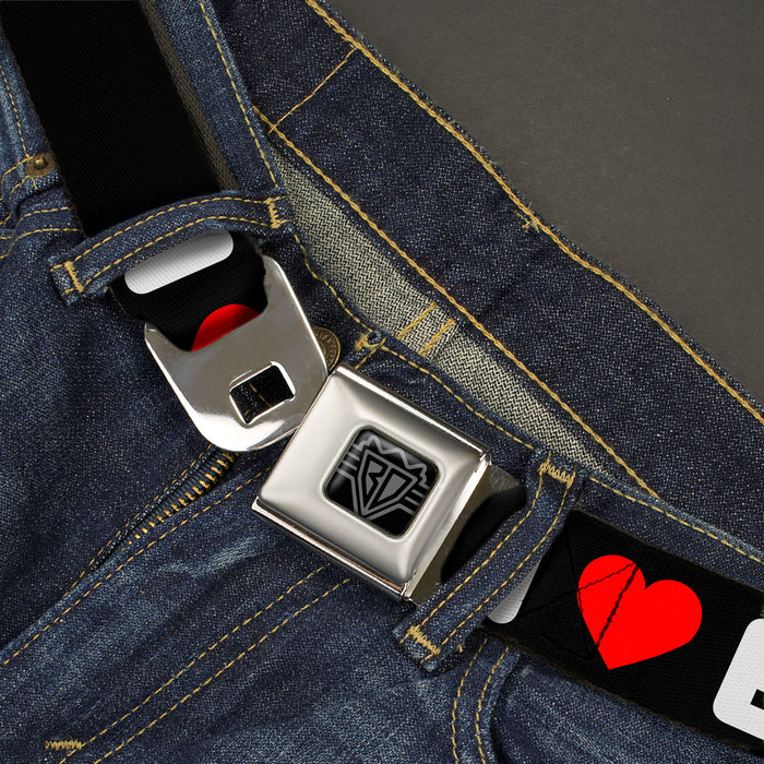 BD Wings Logo CLOSE-UP Full Color Black Silver Seatbelt Belt - I "HEART" BACON Text Black/White/Red Webbing Seatbelt Belts Buckle-Down   