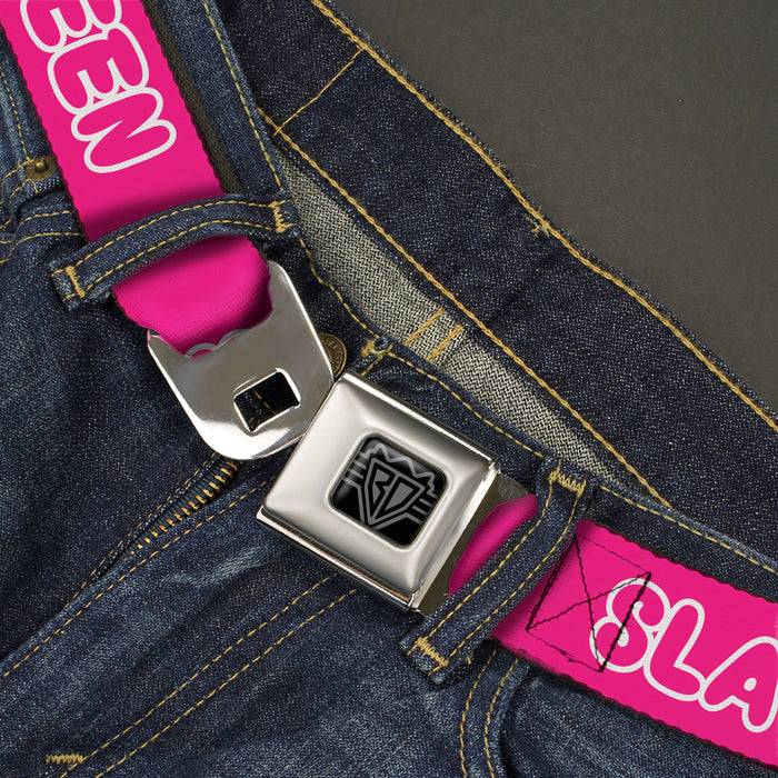 BD Wings Logo CLOSE-UP Black/Silver Seatbelt Belt - SLAY QUEEN Bubble Text Pink/White Webbing Seatbelt Belts Buckle-Down   
