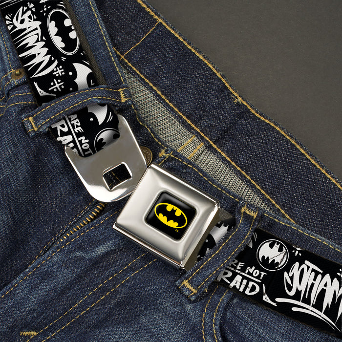 Batman Full Color Black/Yellow Seatbelt Belt - Batman Gotham City Graffiti Collage Black/White Webbing Seatbelt Belts DC Comics   