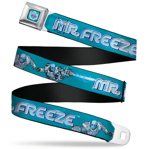 MR. FREEZE Title Logo and Face Full Color Blues Seatbelt Belt - DC Batman Villain MR. FREEZE Poses and Title Logo Blues Webbing Seatbelt Belts DC Comics