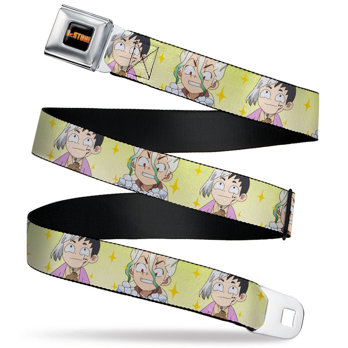 DR. STONE Title Logo Full Color Black/Orange Seatbelt Belt - Dr. Stone Chibi Senku and Gen Faces Stars Yellows Webbing Seatbelt Belts Crunchyroll   