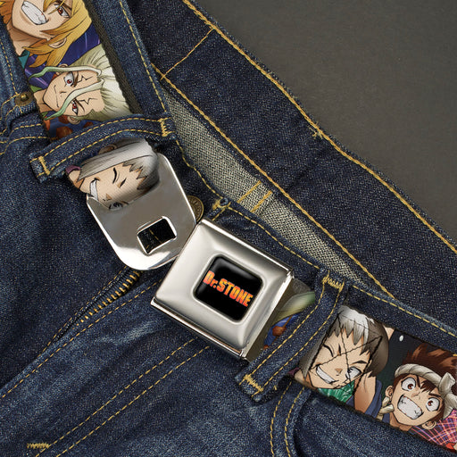 DR. STONE Title Logo Full Color Black/Orange Seatbelt Belt - Dr. Stone Character Group Faces Close-Up Webbing Seatbelt Belts Crunchyroll