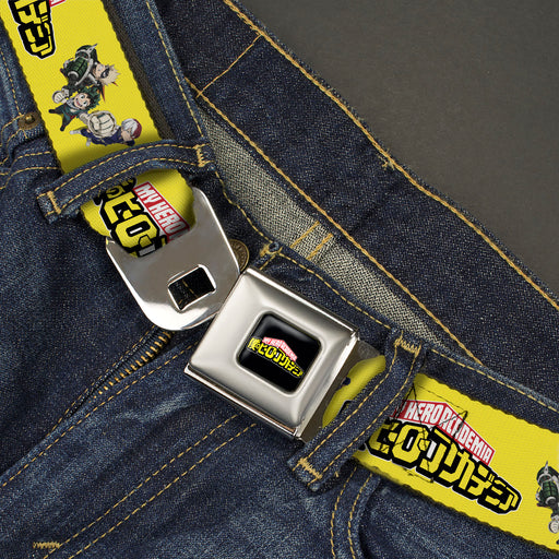 MY HERO ACADEMIA Title Logo Full Color Black Seatbelt Belt - MY HERO ACADEMIA Character Trio Pose and Title Logo Yellow Webbing Seatbelt Belts Crunchyroll