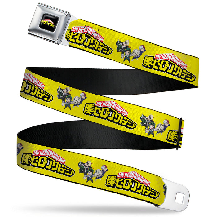 MY HERO ACADEMIA Title Logo Full Color Black Seatbelt Belt - MY HERO ACADEMIA Character Trio Pose and Title Logo Yellow Webbing Seatbelt Belts Crunchyroll