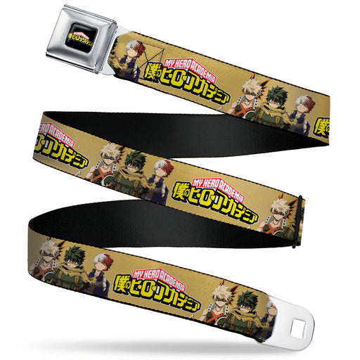 MY HERO ACADEMIA Title Logo Full Color Black Seatbelt Belt - MY HERO ACADEMIA Character Trio Pose and Title Logo Tan Webbing Seatbelt Belts Crunchyroll   