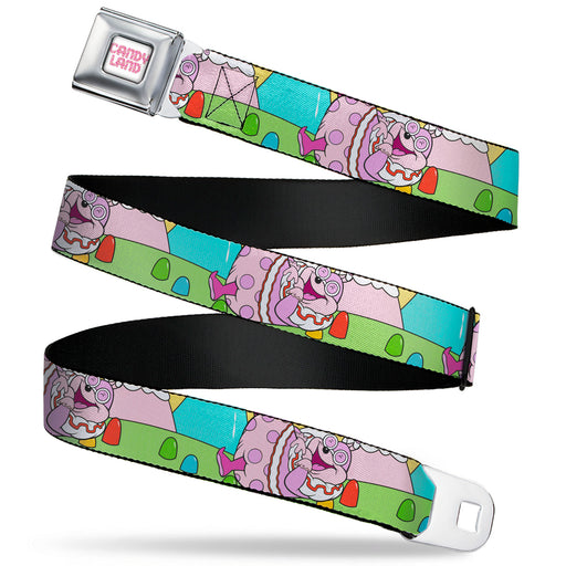 CANDY LAND Game Logo White/Pink Seatbelt Belt - Candy Land Jolly Laughing Pose and Gum Drops Multi Color Webbing Seatbelt Belts Hasbro   