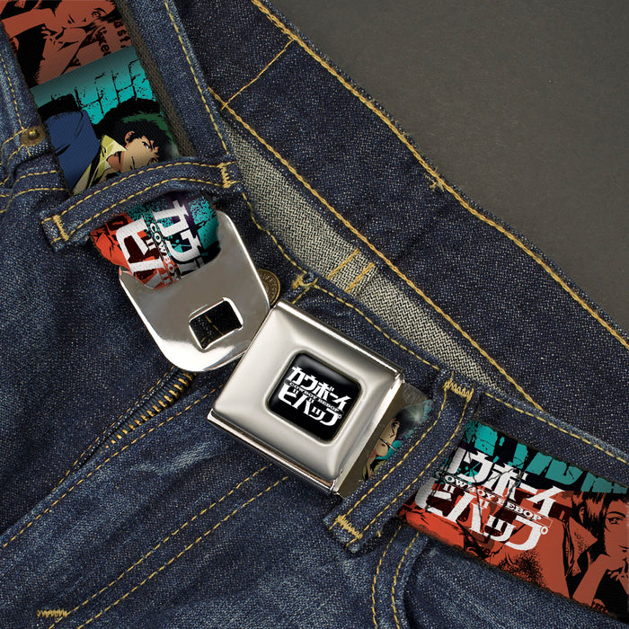 COWBOY BEBOP Title Logo Full Color Black/White Seatbelt Belt - COWBOY BEBOP Spike and Faye Brick Pose and Title Logo Blues/Reds Webbing Seatbelt Belts Crunchyroll   