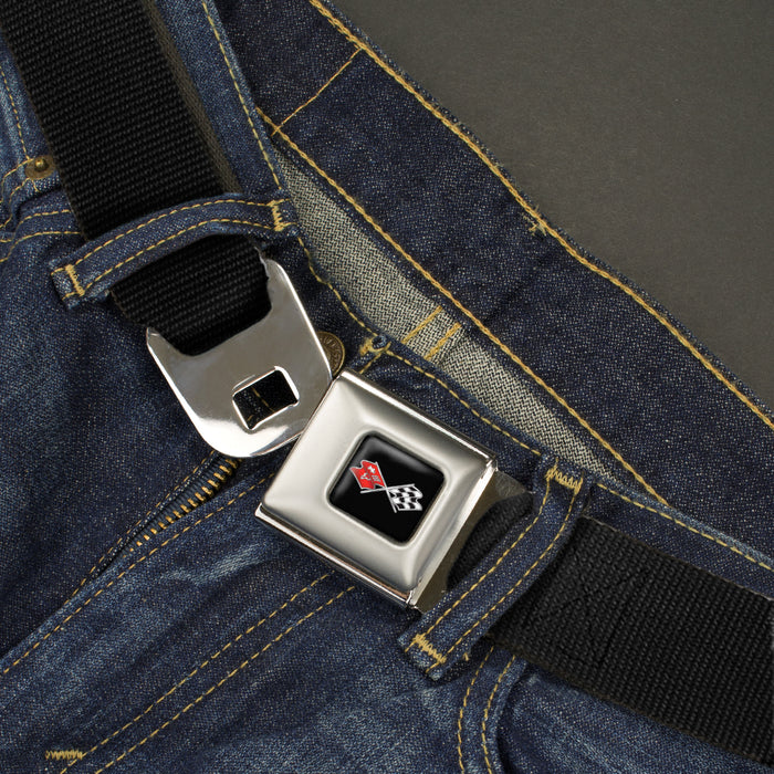 Corvette C3 Crossed Flags Logo Full Color Black Seatbelt Belt - Black Webbing Seatbelt Belts GM General Motors   